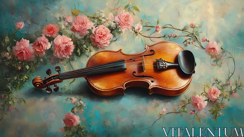 Violin laid among pink roses on a soft teal background.