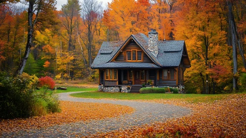 Rustic log cabin with stone chimney in vivid autumn woodland