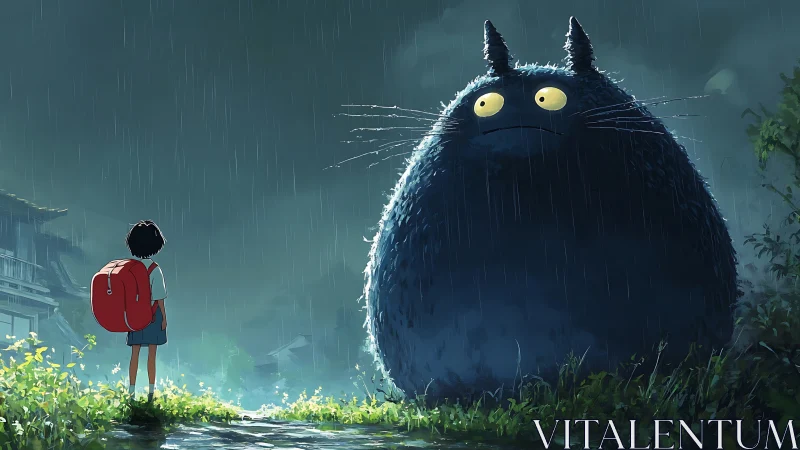 Rain-drenched forest rendezvous with colossal nocturnal spirit.