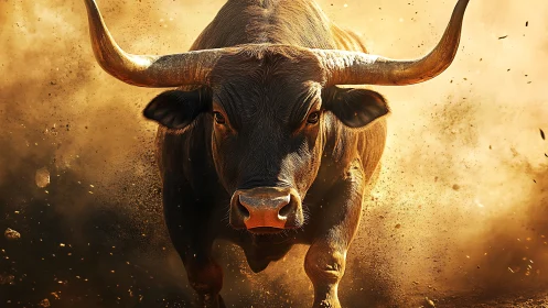 Dynamic frontal bull charge in dust cloud, ultra detailed lighting.