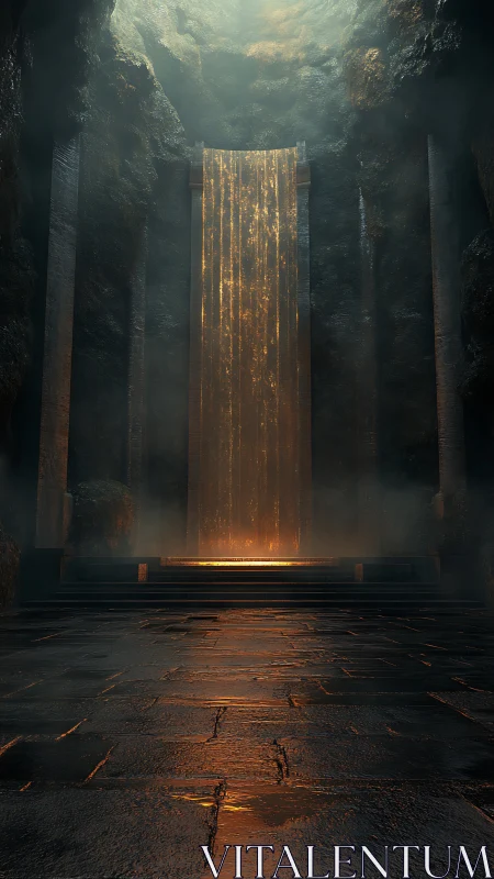 Luminous molten waterfall in monolithic cavern chamber.