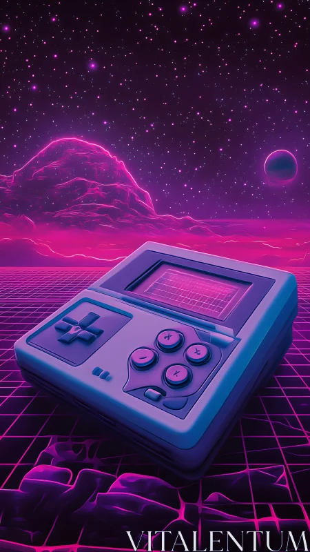 Retro Handheld Gaming Device in Neon Alien Landscape