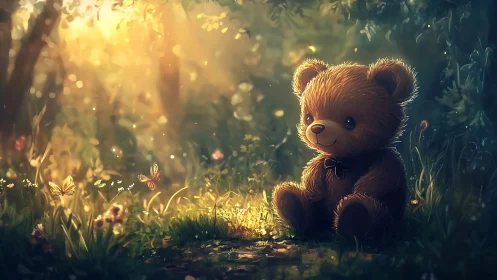 Digitally rendered teddy bear sitting in sunlit forest clearing
