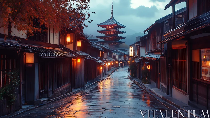 Rain-soaked Kyoto street glows beneath distant pagoda dusk