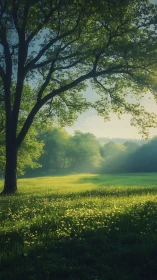 Golden Hour Meadow: Sunlit Landscape Through Majestic Oak.