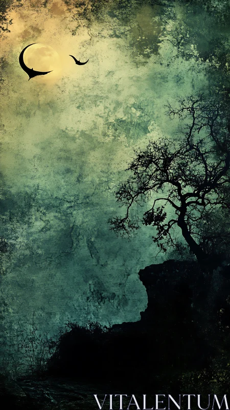 Moonlit cliff silhouette beneath swirling textured sky.