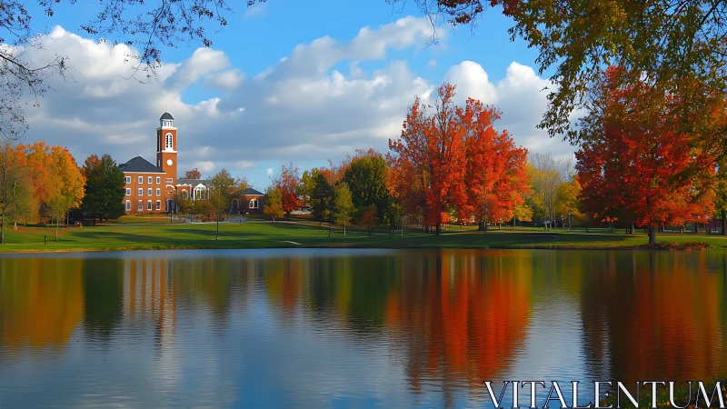 Golden autumn campus glows beside a calm reflective lake