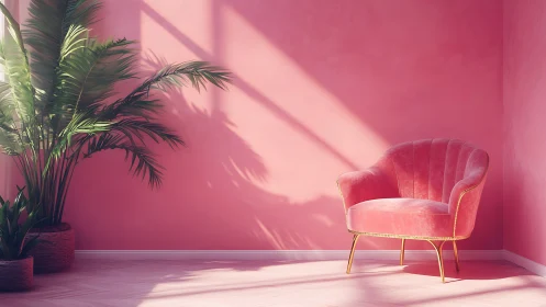 Photorealistic pink lounge corner with velvet accent chair.