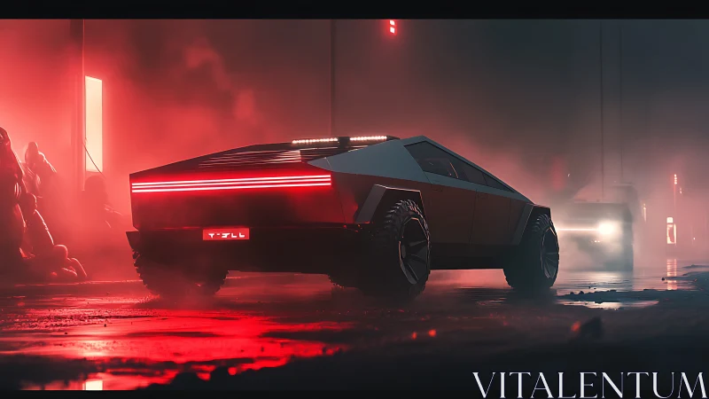 Futuristic pickup truck on wet neon street at night scene.