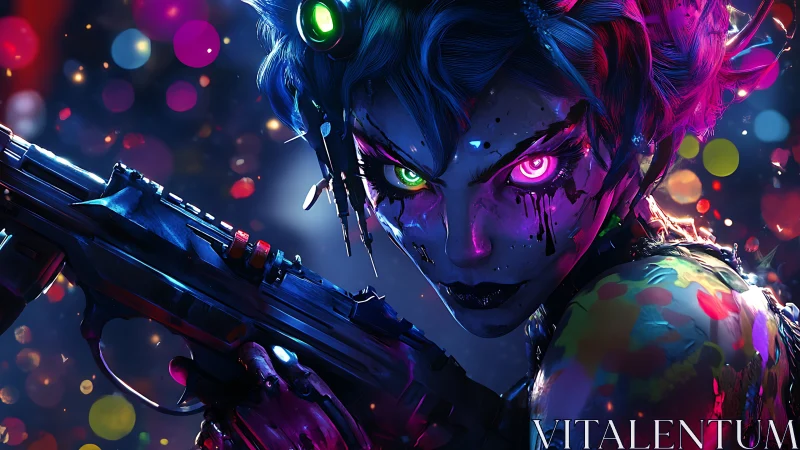 Neon cyberpunk sniper with glowing eyes and rifle poised.