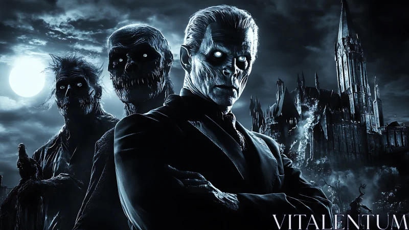 Undead figures stand before burning gothic castle at night