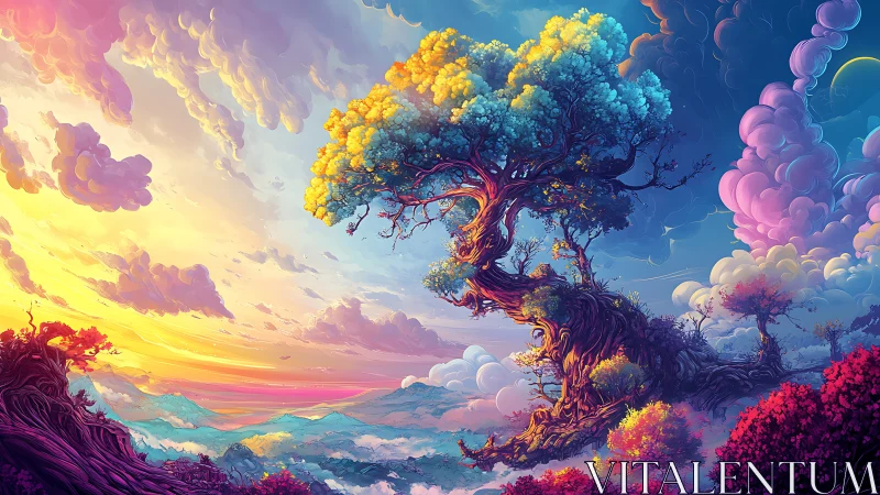 Color-shifted fantasy tree in divided sky landscape.