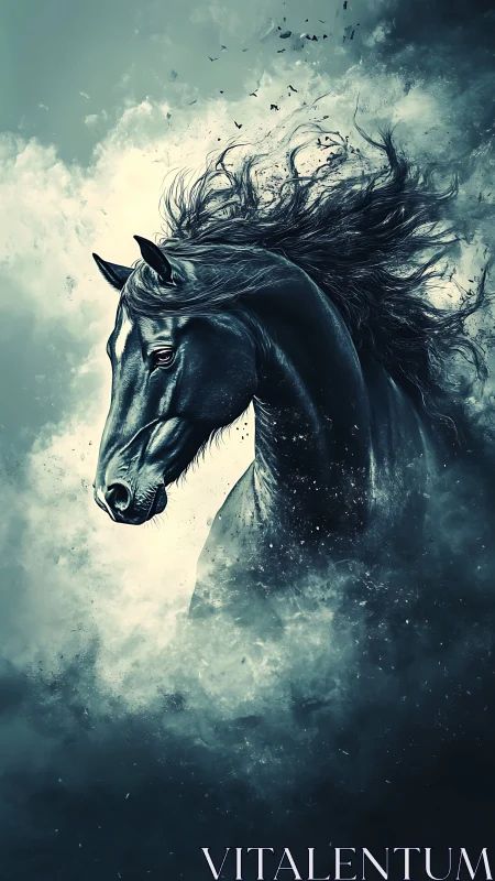 Storm-forged black stallion emerges through swirling mist