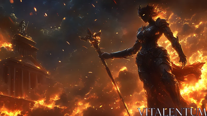 Firelit warrior goddess rising over a blazing ancient city.