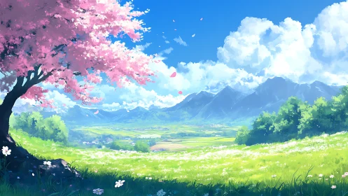 Cherry blossom tree above bright spring valley landscape.