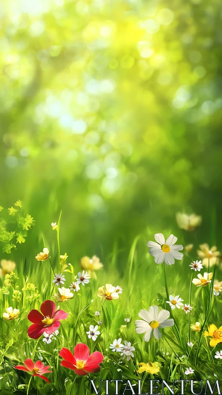 Spring meadow with blooming wildflowers and soft bokeh background.