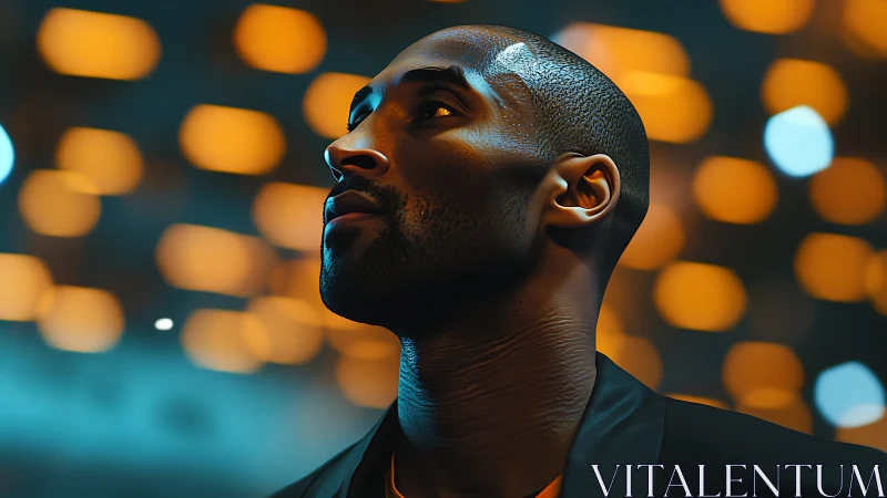Moody portrait of determined man under warm city lights.