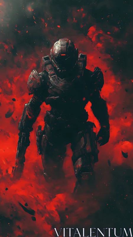 Digital painting of armored cyber-soldier in inferno haze.