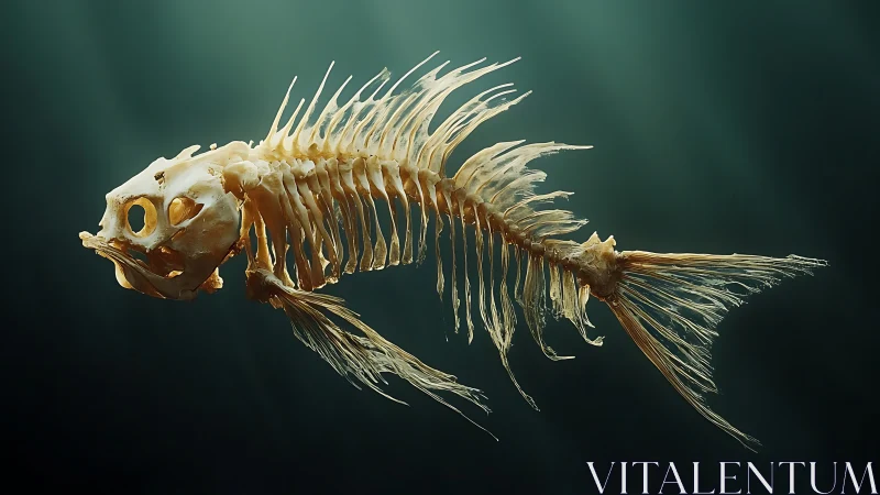 Detailed fish skeleton suspended in dark green water.