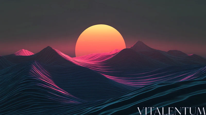Neon contour mountains under synthetic sun at digital dusk