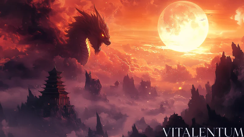 Firelit dragon over misty mountains and glowing full moon.