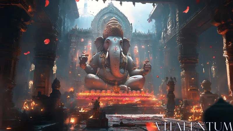 Majestic Ganesha statue glows within fiery temple hall.