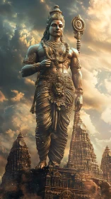 Colossal warrior deity statue stands above ornate temples