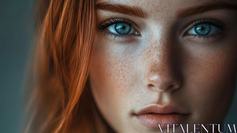 Freckled copper muse with crystalline blue gaze in focus.