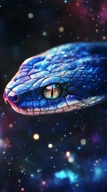 Cosmic serpent closeup with iridescent scales in starlit void.