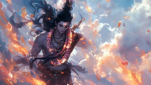 Warrior figure moves through cloud and fire filled atmosphere