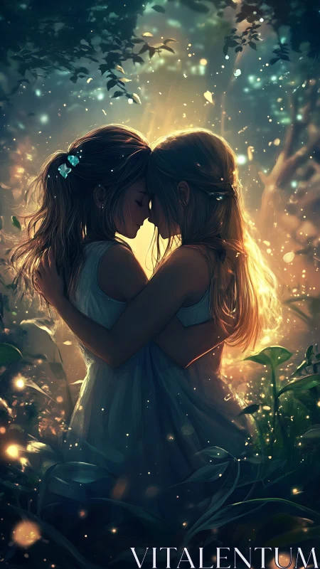 Intimate embrace in glowing forest with ethereal lighting.