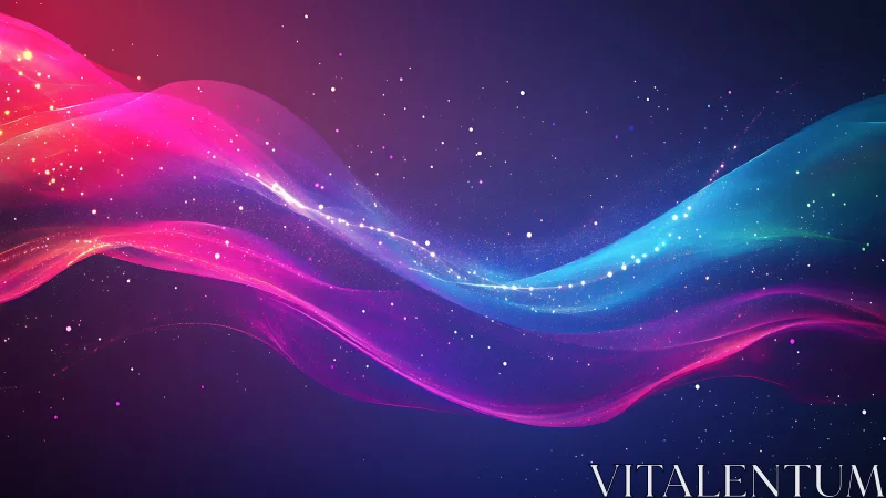 Colorful light waves on dark background with particle trails.
