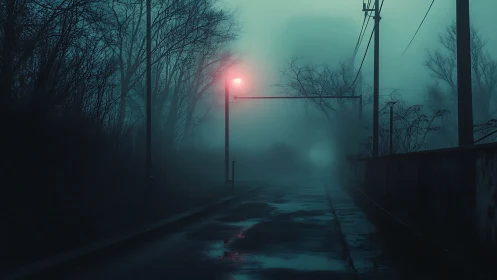Foggy urban street glows under solitary red signal light.