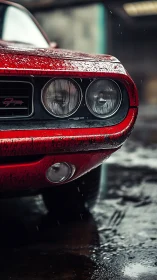 Rain kissed red muscle car front glows with classic charm