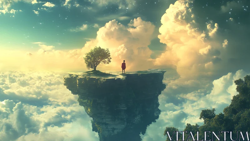 Surreal digital painting of lone figure on floating sky plateau.