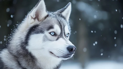 Snow‑dusted husky sentinel with glacial blue gaze poised.