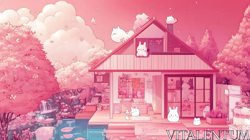 Cozy pink forest cottage with playful bunny spirits at home.