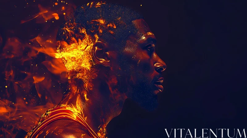 Flaming athlete portrait in molten orange and ember glow.