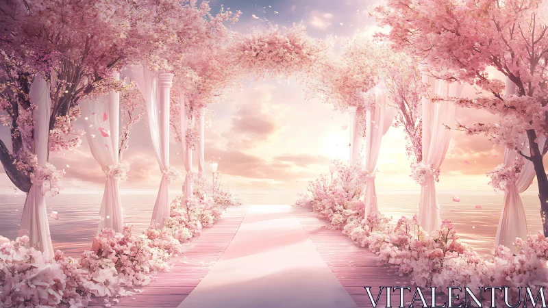 Romantic cherry blossom wedding aisle glows at sunset