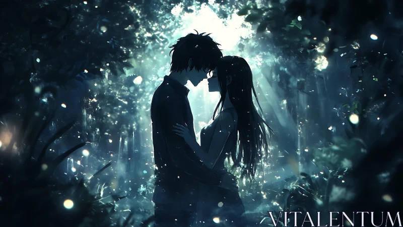 Silhouetted couple standing close in softly lit forest.