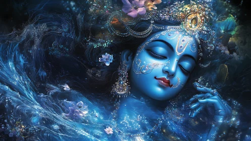 Celestial blue goddess dreaming in swirling cosmic waters.
