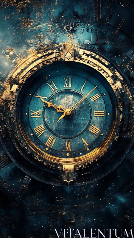 Steampunk clock face shows ornate gold hands and numerals