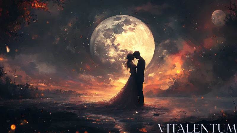 Silhouetted Romance Dwarfed by Cosmic Burning Moon