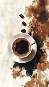 Cozy coffee cup resting amid warm painterly splashes.