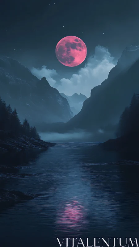 Crimson supermoon over misty alpine river valley at night.