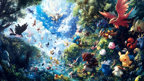 Vibrant forest menagerie with dynamic stylized creatures under sky.