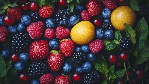 Colorful summer berries and golden fruit in cozy abundance.