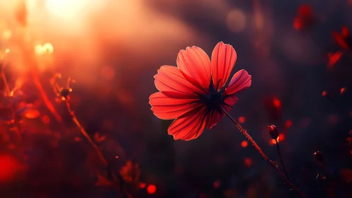 Red Cosmos Blossom in Warm Backlit Glow.