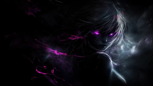 Mystic girl emerges from darkness with glowing violet eyes.