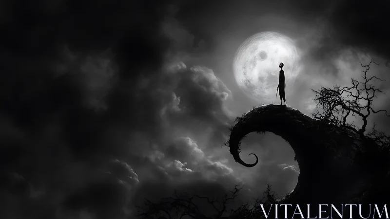 Silhouetted figure on curled hill under full moon at night.